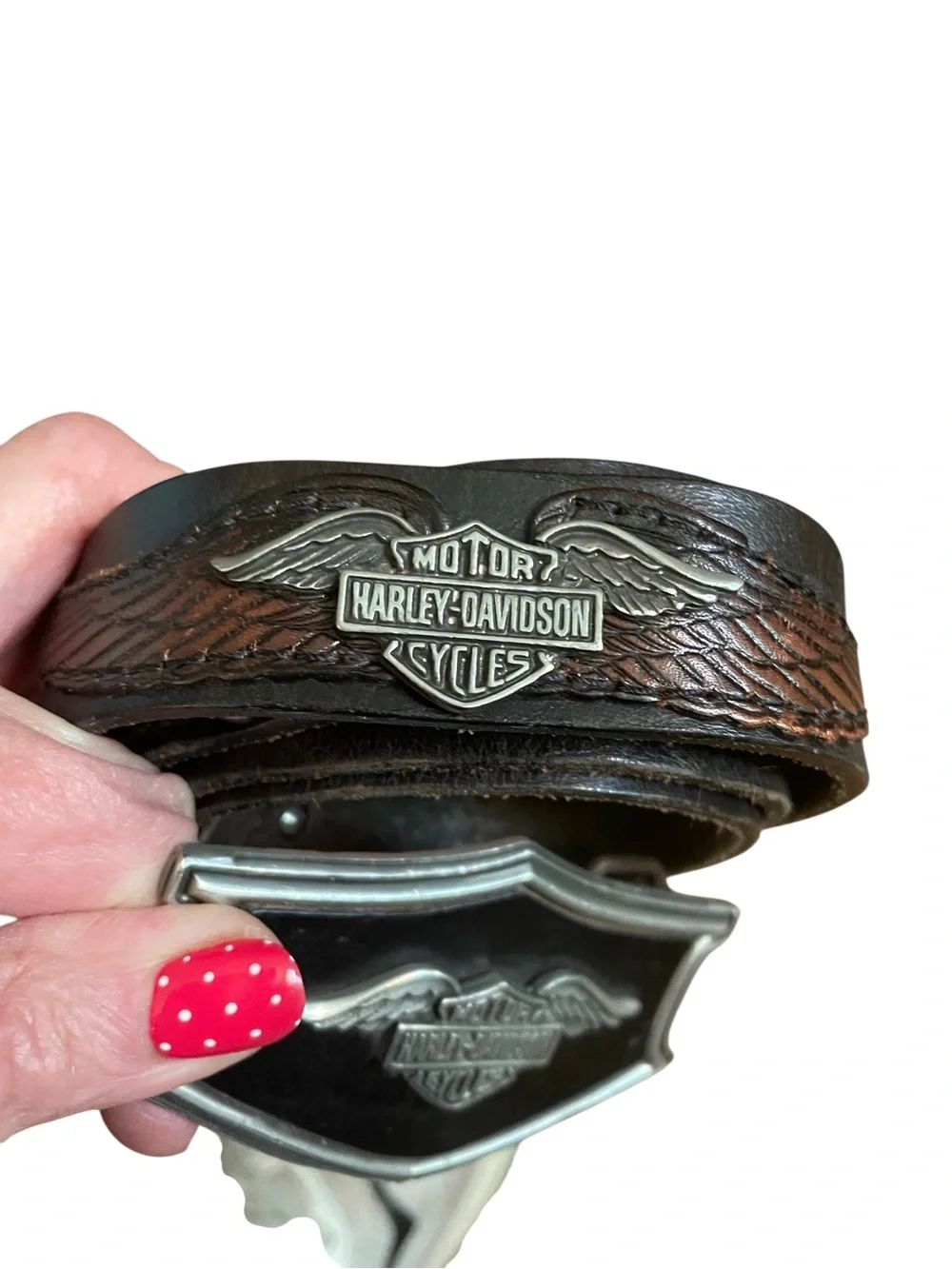 Harley Davidson Motorcycle Belt Men's Cowhide Leather Buckle & 3 plaques Read